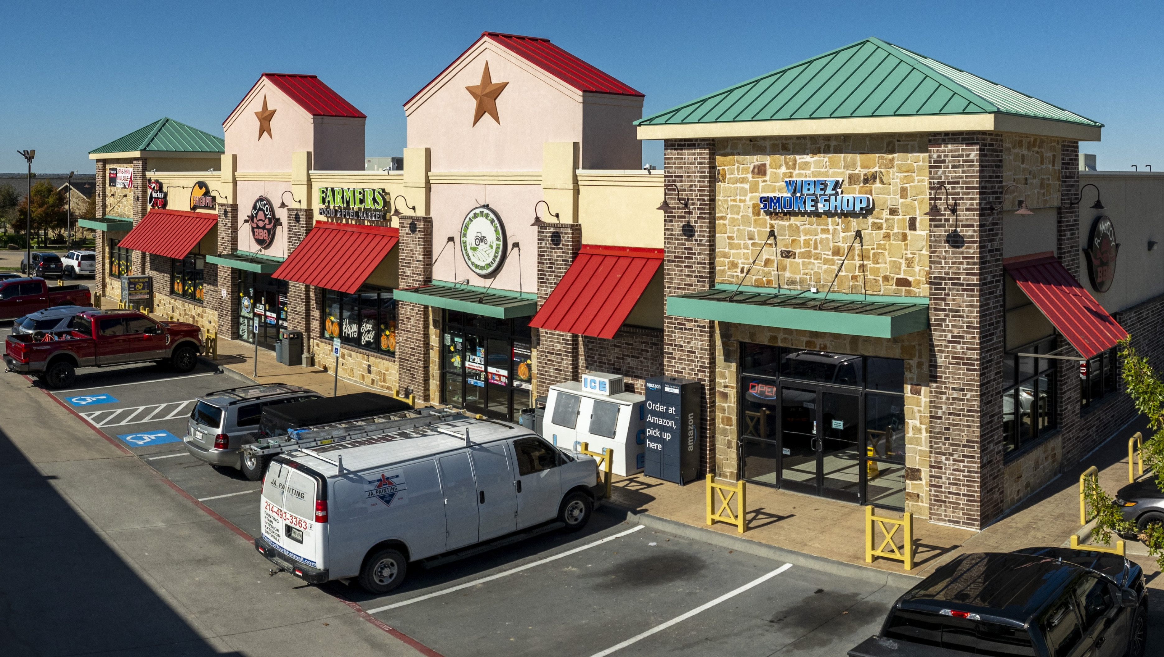 view of Farmersville storefronts