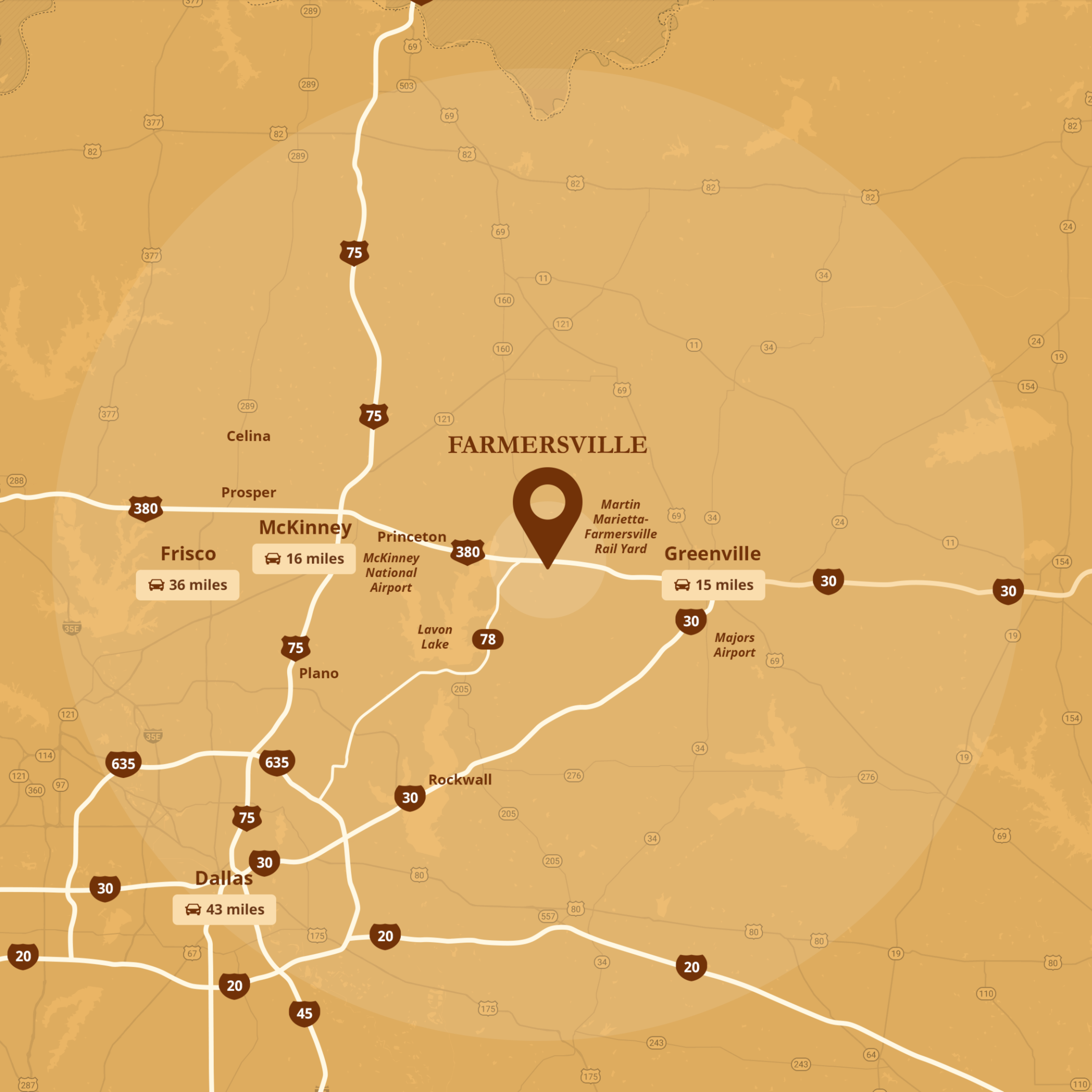 farmersville map showing farmersville's proximity to area cities